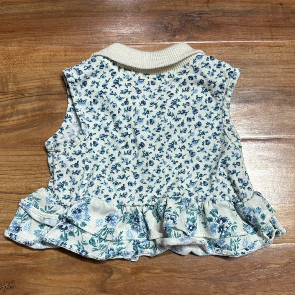 Vintage Evy Kids Floral Vest Top Ruffle Hem‎ Sleeveless Collared Button Up 3T